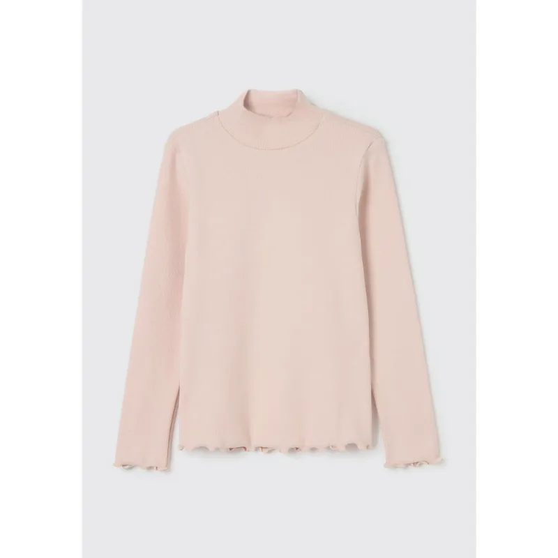 Blusa Básica Infantil Menina Manga Longa Com Gola Alta Em Ribana - Rosa 010