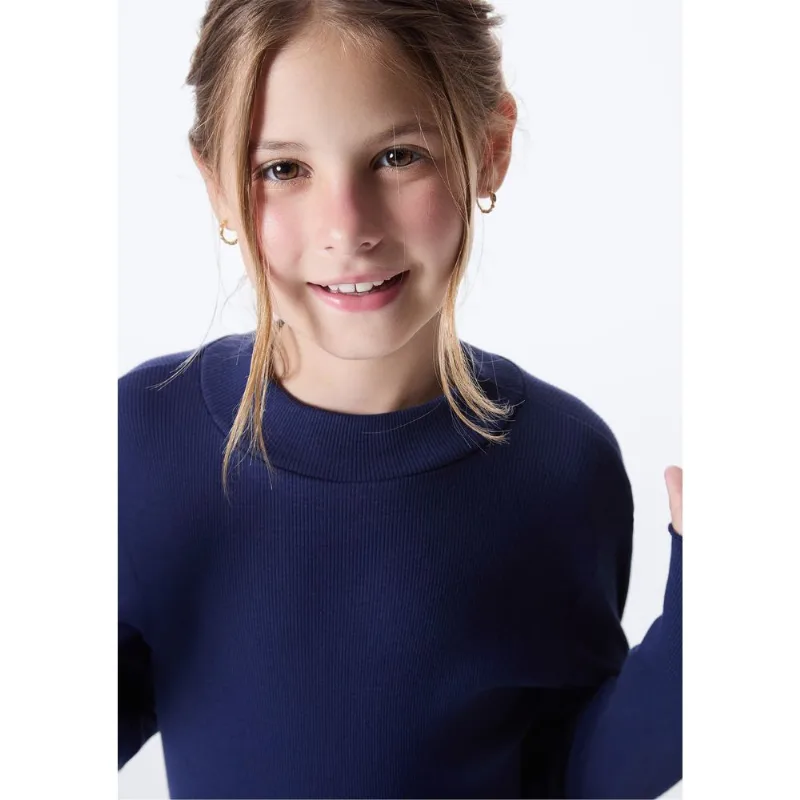 Blusa Básica Infantil Menina Gola Alta Em Ribana Com Fru-Fru - Azul 010