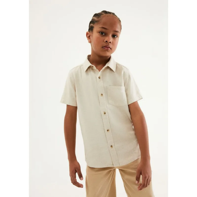 Camisa Infantil Menino Manga Curta Com Linho - Bege 006