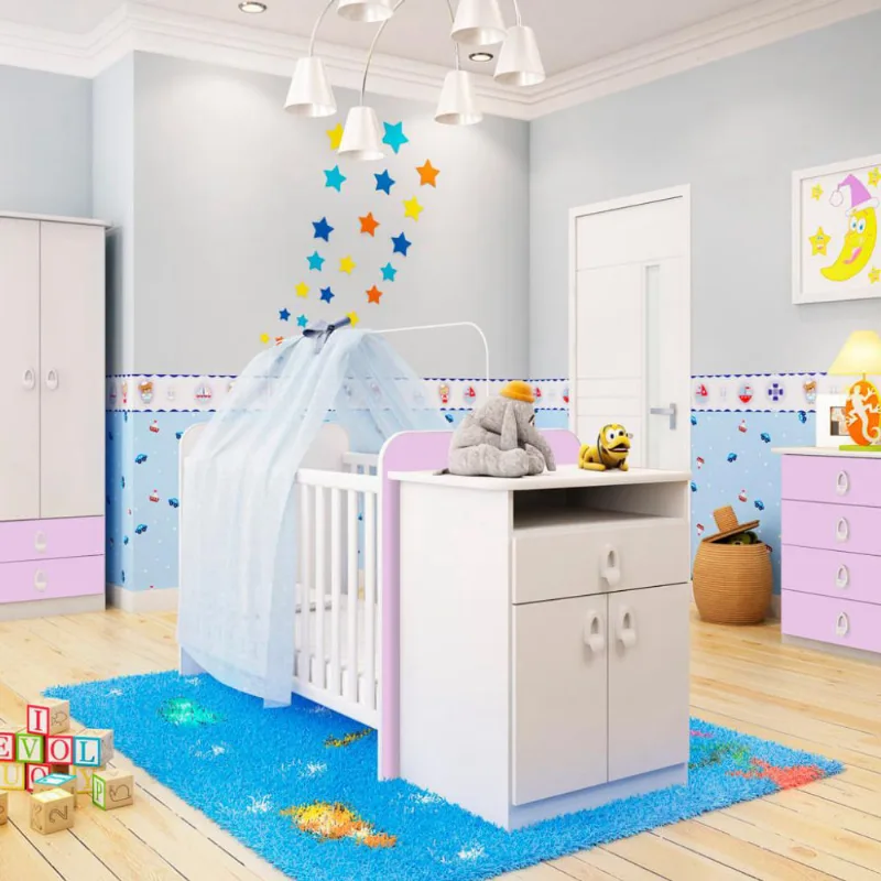 Berço com Cômoda Inocência e Colchão Baby D18 (10x70x130) Branco e Rosa - Mobly