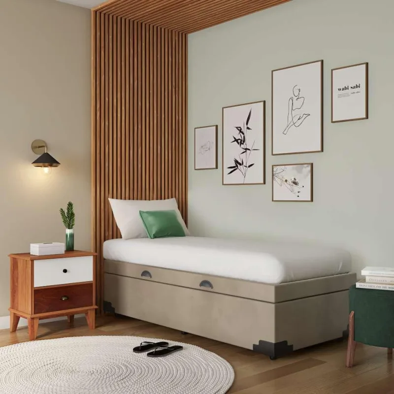 Base para Cama Box Solteiro com Baú Mobly Sean Suede Bege - Mobly - Móveis