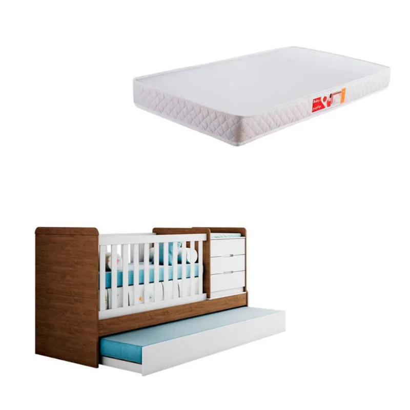 Berço Multifuncional com Cama Auxiliar Cléo Amadeirado Rústico com Colchão Infantil Baby Liso D18 (10x70x130) Branco