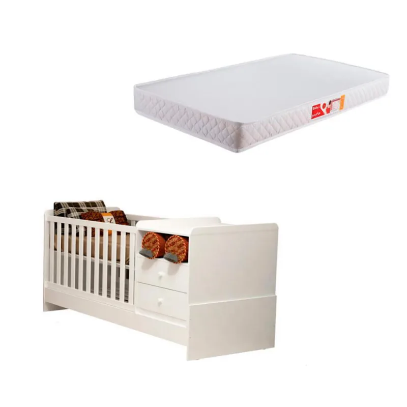 Berço Multifuncional Selena Branco com Colchão Infantil Baby Liso D18 (10x70x130) Branco - Mobly
