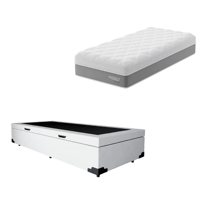 Cama Box Baú Martin Premium com Colchão Solteiro Sublime Mola Ensacada e Espuma Viscoelástica (32x88x188) Cinza e Branco - Mobly - Móveis