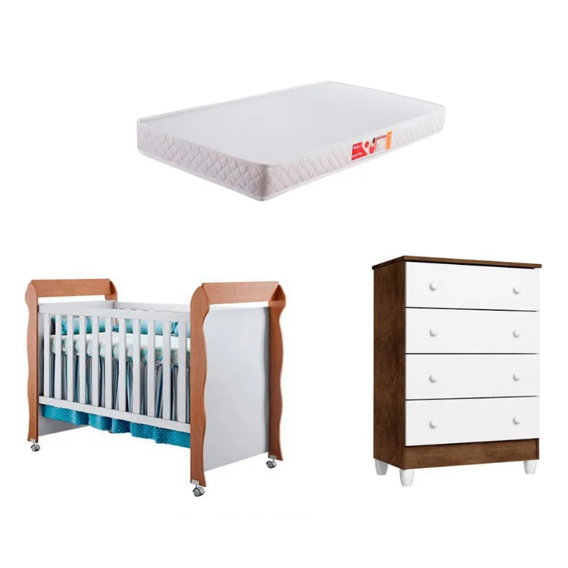 Conjunto de Berço com Cômoda Ariel I Branco e Marrom e Colchão Infantil Baby Liso D18 (10x70x130) Branco