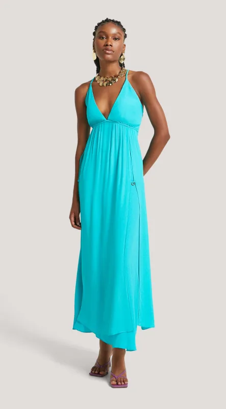 Vestido Morena Rosa Longo Decote V Abertura Frente Azul - Morena Rosa - Outlet