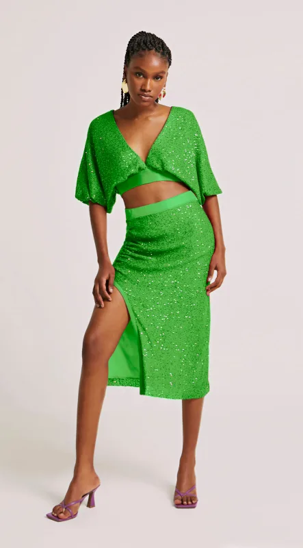 Saia Morena Rosa Midi Reta Com Drapeado Verde - Morena Rosa