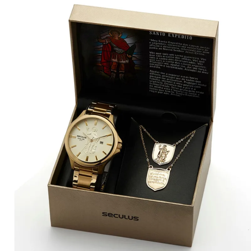 Kit Relógio Seculus Santo Expedito Dourado 20892GPSKDA1K1 - Seculus