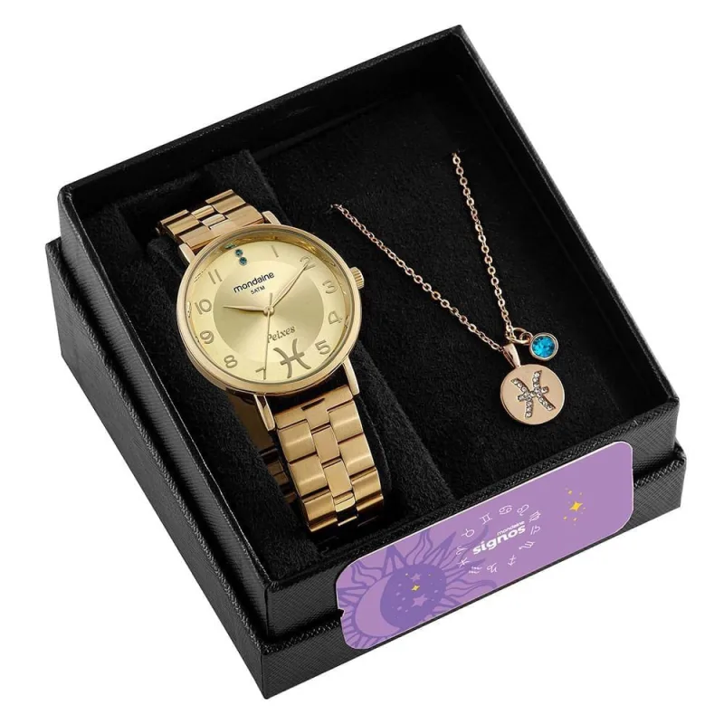Kit Relógio Analógico Signo Peixes Aço Inox Dourado Mondaine 40MM - mondaine - Agro