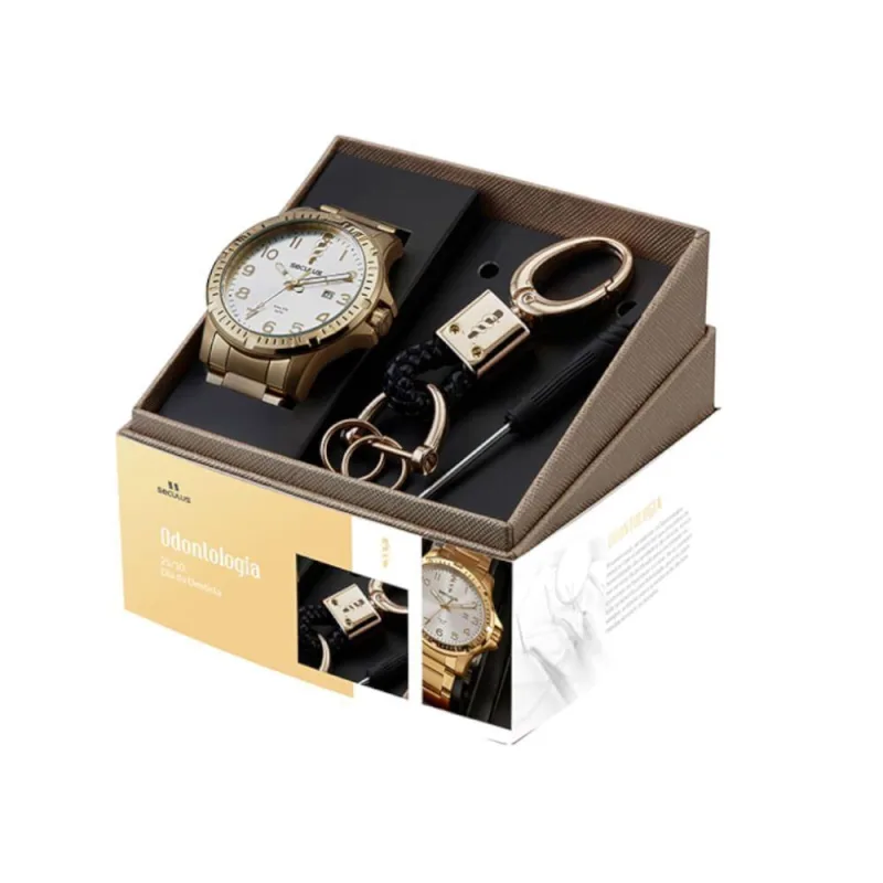Kit Relógio Masculino Profissões Odontologia Analógico Aço Inox Dourado Séculus - seculus - Agro