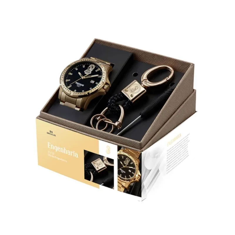Kit Relógio Masculino Profissões Engenharia Analógico Aço Inox com Chaveiro Dourado Séculus - seculus