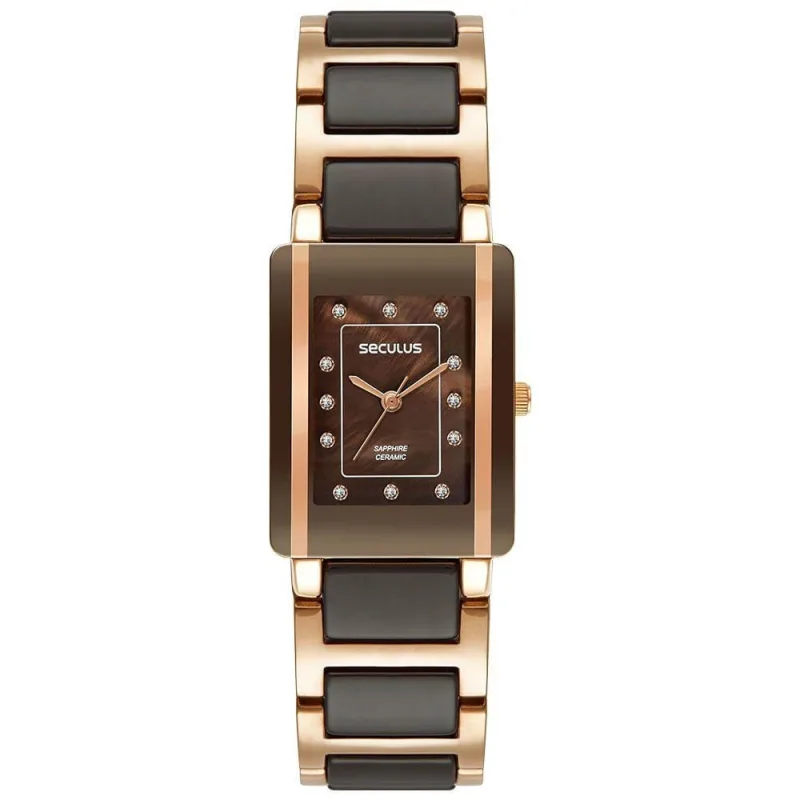Relógio Feminino Cerâmica Marrom e Rosé Analógico Plástico Séculus 4CM - Seculus