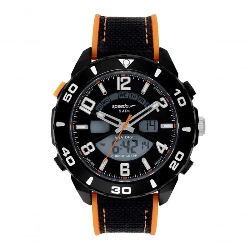 Relógio Masculino Anadigi Analógico em Nylon Preto e Laranja Speedo 50MM - Speedo