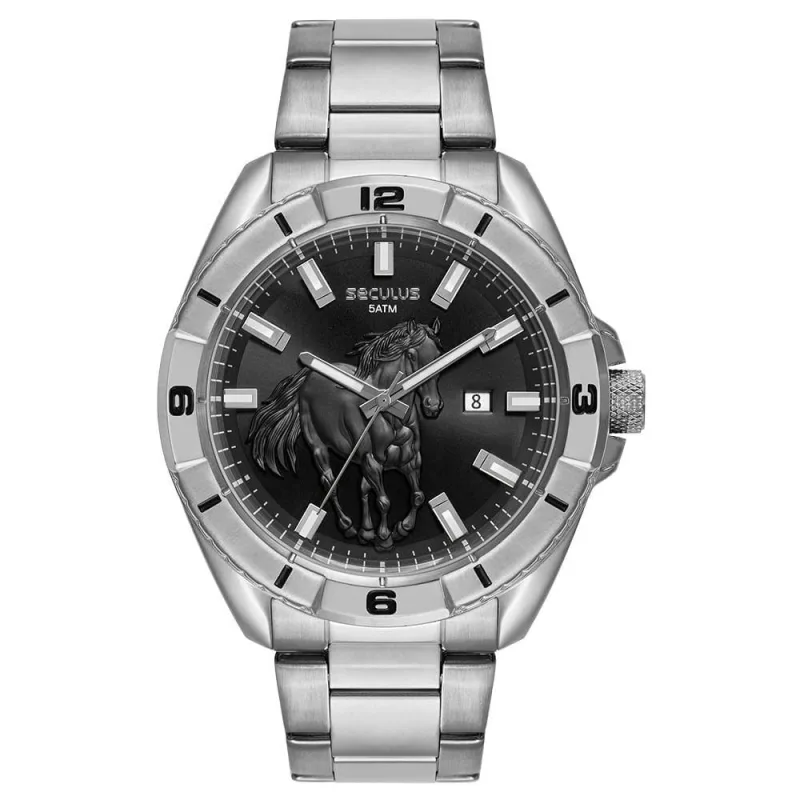 Relógio Masculino Aço Prata Estilo Country Cronógrafo Aço Inox com Vidro Mineral Séculus 48MM - seculus - Agro