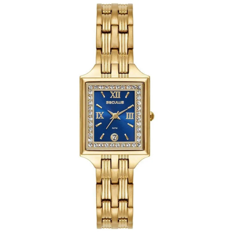 Relógio Feminino Relógio Feminino Dourado Quadrado Mostrador Azul Clássico Aço Inox Dourado Séculus - seculus