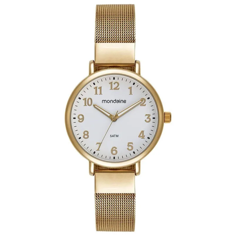 Relógio Feminino Relógio Feminino Dourado Malha Mostrador Branco Clássico em Aço Inox Dourado - mondaine - Agro