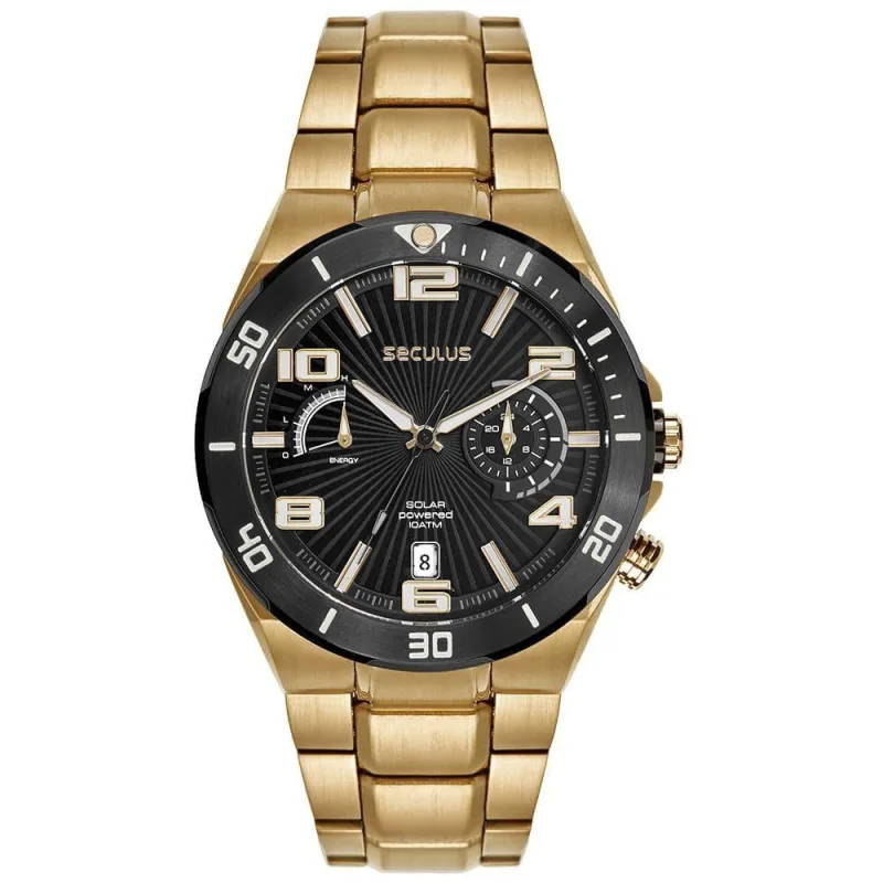 Relógio Masculino Relógio Masculino Aço Dourado Cronógrafo Solar Cronógrafo Aço Inox Solar Dourado - seculus