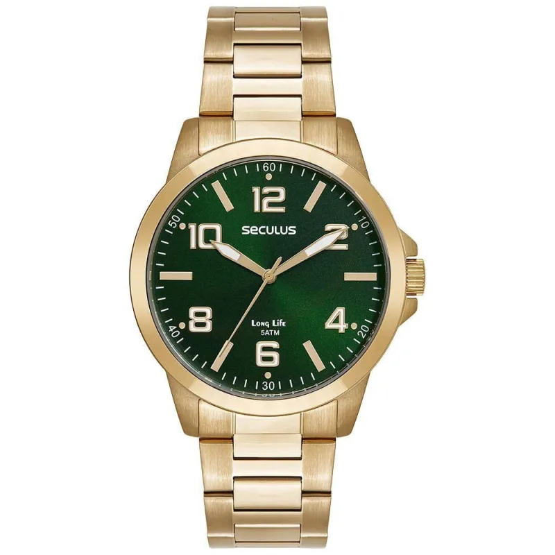 Relógio Masculino Relógio Masculino Dourado Analógico Aço Mostrador Verde Pulseira Aço Inox Séculus - seculus