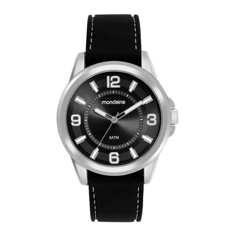Relógio Masculino Preto Silicone Fivela Caixa Prata Analógico Mondaine 45MM - mondaine