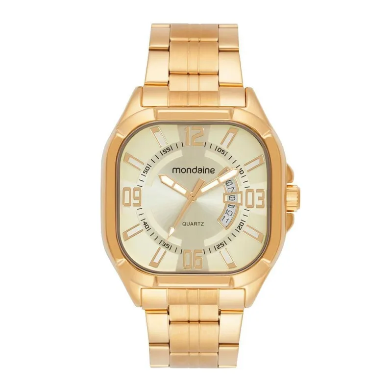 Relógio Masculino Analógico Relógio Masculino Dourado Quadrado Calendário Aço Inox LED Dourado - mondaine