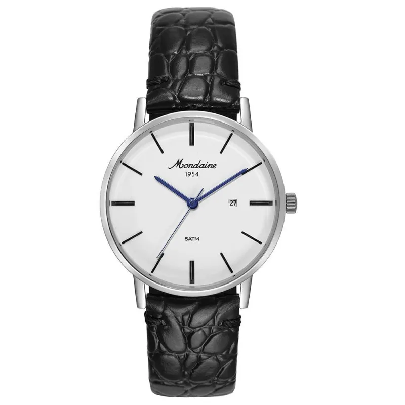 Relógio Masculino Clássico Relógio Masculino Prata com Couro Croco Pulseira Couro Preto Branco Prata - mondaine