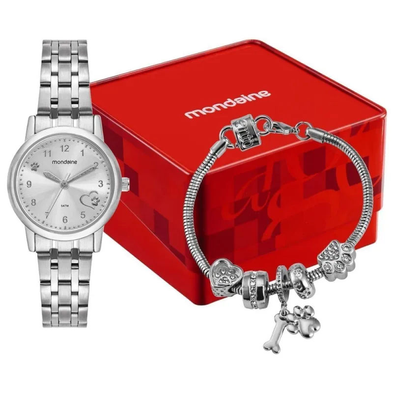 Kit Relógio Feminino Tema Cachorro Analógico Aço Inox Prata com Pulseira Temática Mondaine - mondaine