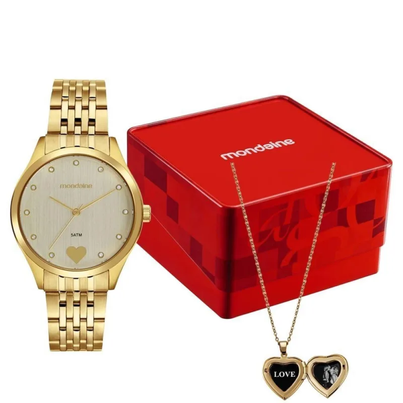 Kit Relógio Feminino Relicário de Coração Clássico com Aço Inox Dourado 5ATM Mondaine - Mondaine