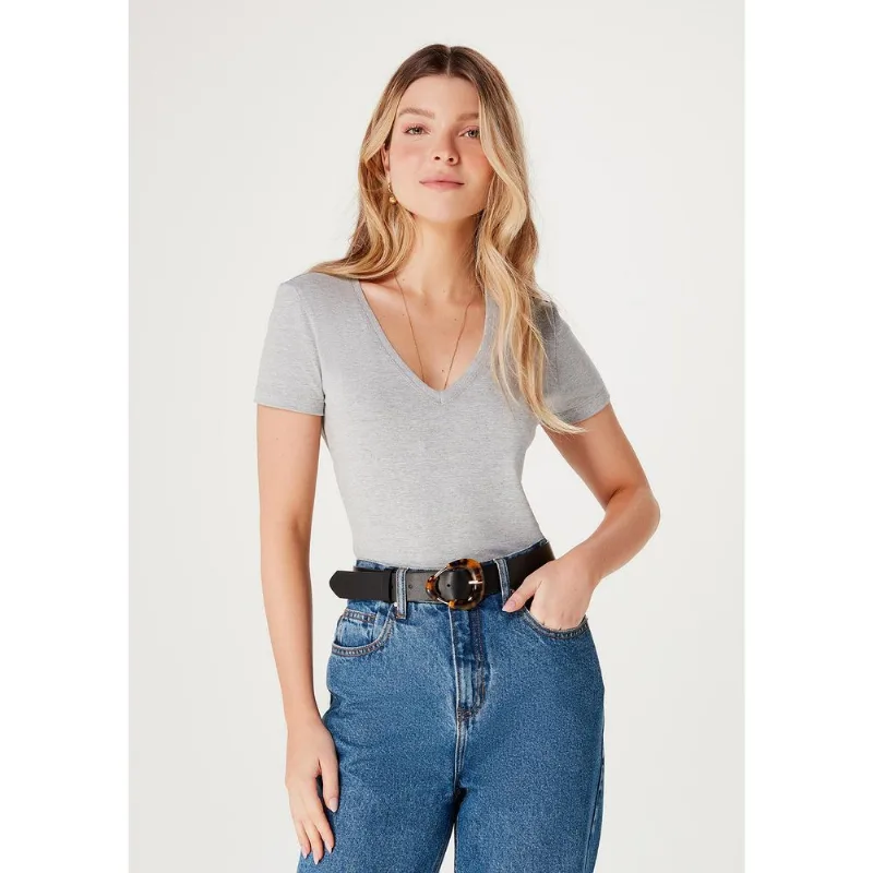 Blusa Básica Feminina Slim Decote V - Cinza EXG