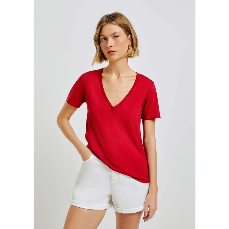 Blusa Básica Feminina Manga Curta Decote V - Vermelho XXG