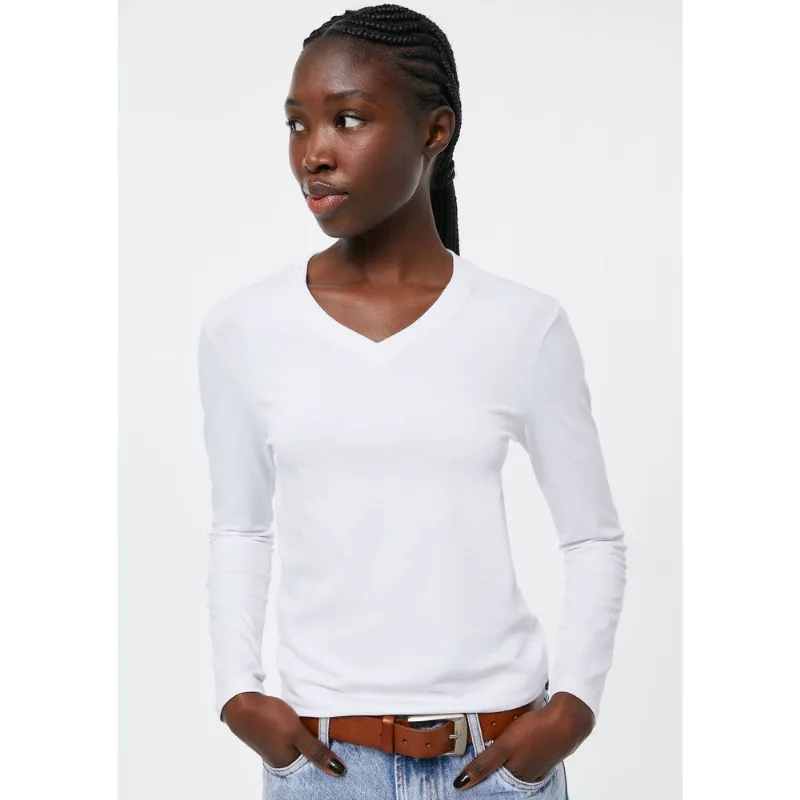 Blusa Básica Feminina Manga Longa Slim Decote V - Branco XP