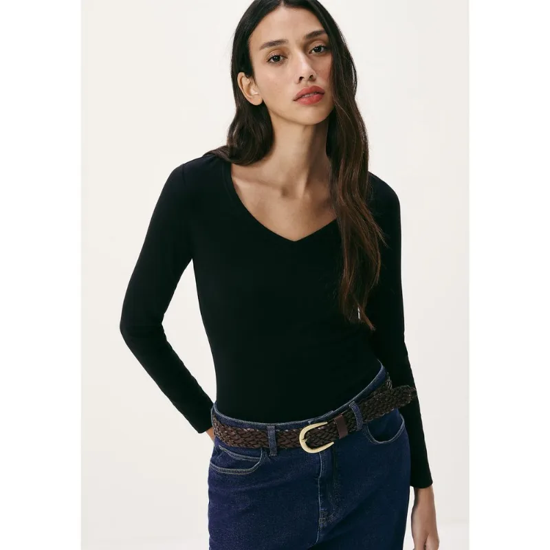 Blusa Básica Feminina Manga Longa Slim Decote V - Preto EXG