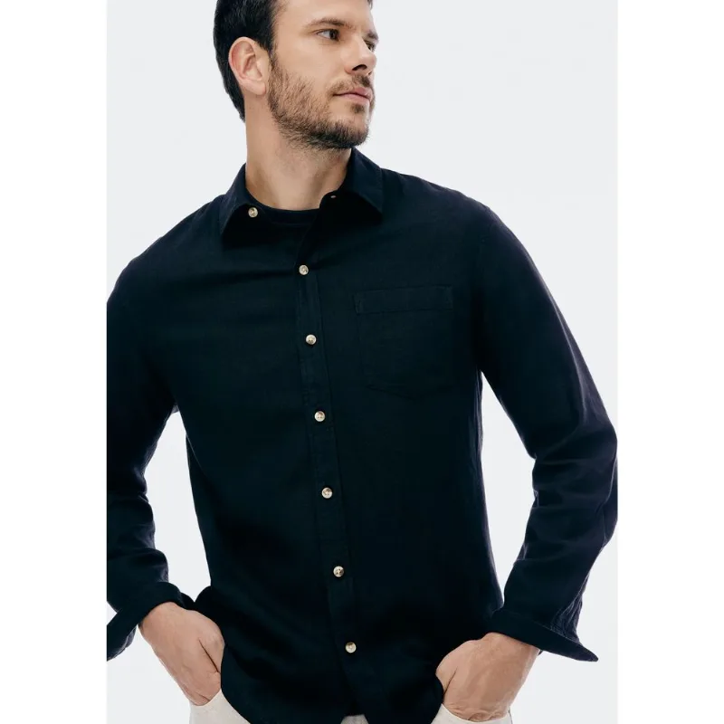 Camisa Básica Masculina Manga Longa Slim Em Linho - Preto XG