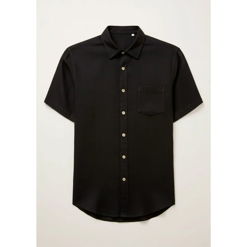 Camisa Básica Masculina Manga Curta Em Linho - Preto XXG