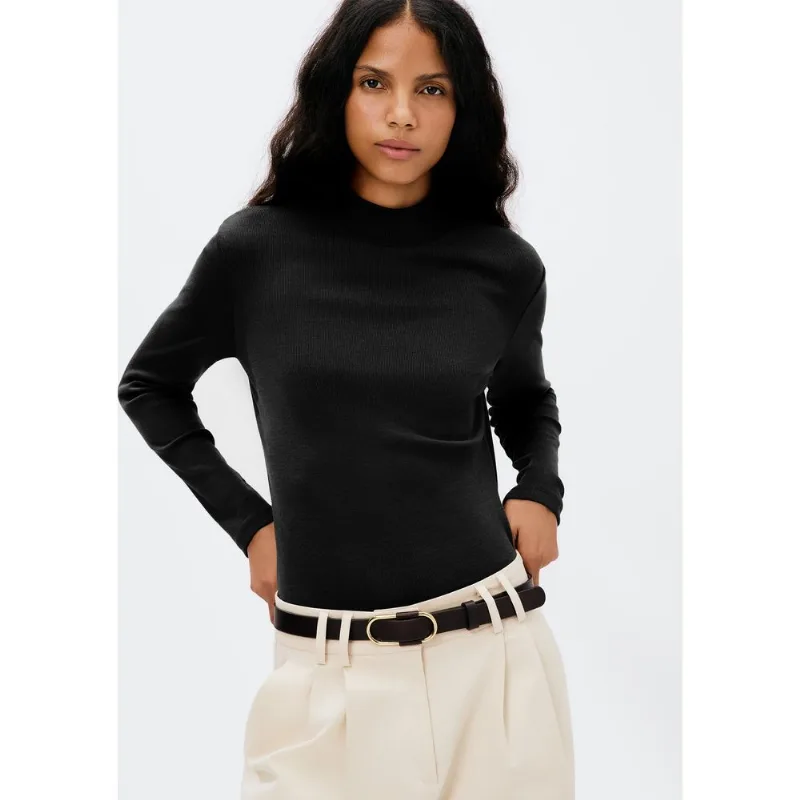 Blusa Básica Feminina Manga Longa Gola Alta Em Ribana Canelada - Preto XP