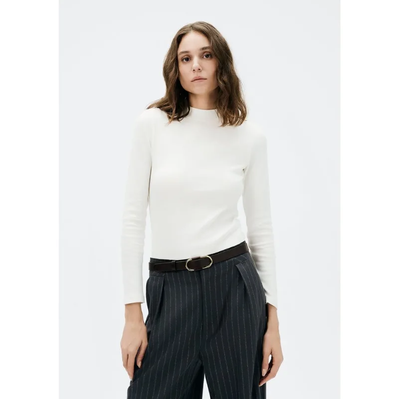 Blusa Básica Feminina Manga Longa Gola Alta Em Ribana Canelada - Off white G