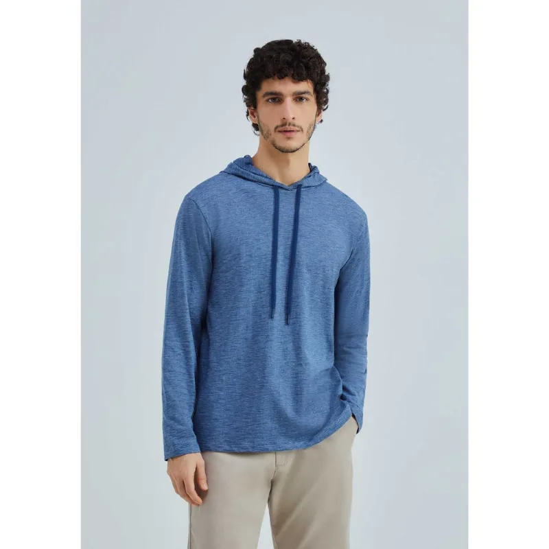Camiseta Básica Masculina Manga Longa Texturizada Com Capuz - Azul XXG