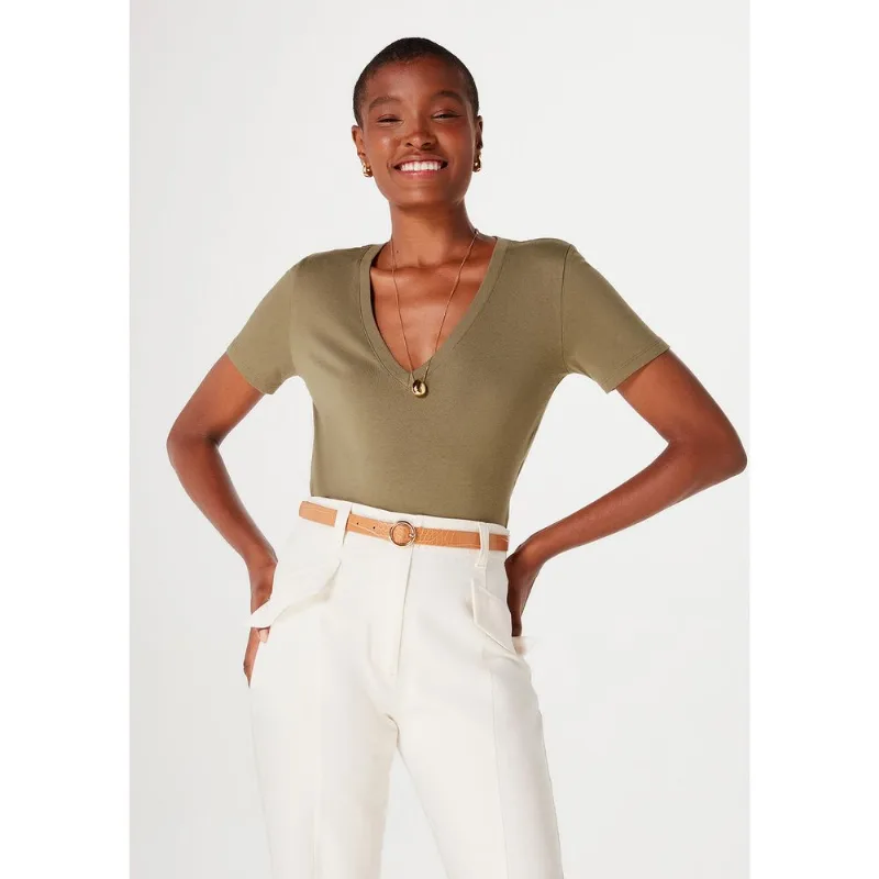 Blusa Básica Feminina Em Algodão Com Decote V - Verde EXG