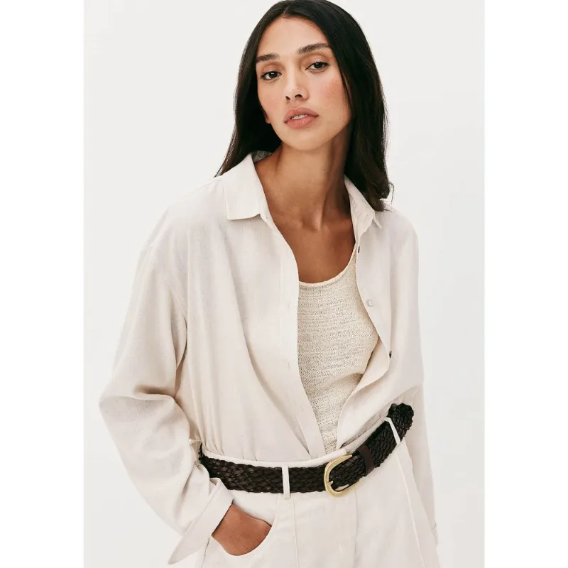 Camisa Feminina Manga Longa Oversized Em Linho - Off white P