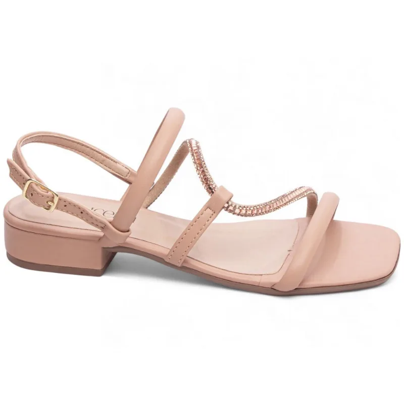 Sandália Feminina Salto Baixo Saltinho Ajuste Fivela Manta Strass 2,5cm Rosê Torricella