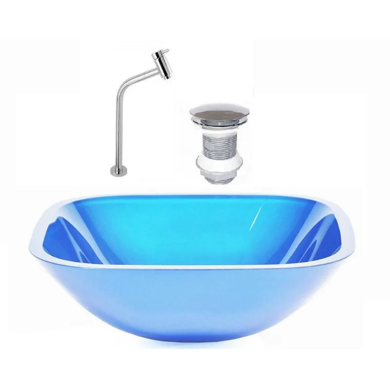 Cuba De Vidro Quadrada 35cm Azul + Valvula + Torneira Metal