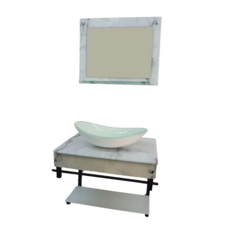 Kit Banheiro Vidro GL APX 50cm com Cuba Bancada e Espelho Vmex Kit Banheiro Vidro Cuba e Bancada GL APX Vmex Rajado Branco 50cm