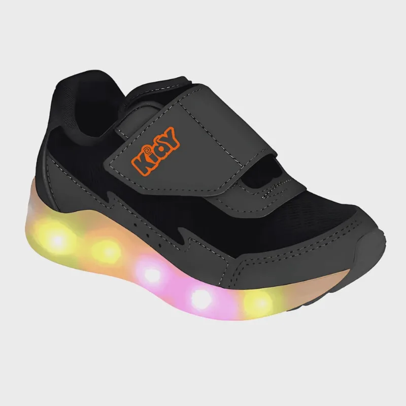 Tênis Infantil Kidy Led Light Fun Calce Fácil Preto E Laranja Neon Escolar Escola Colegial Colégio Original Menino Masculino Conforto Durabilidade Anatômico Voltas às Aulas Macio Calce Fácil Resistent