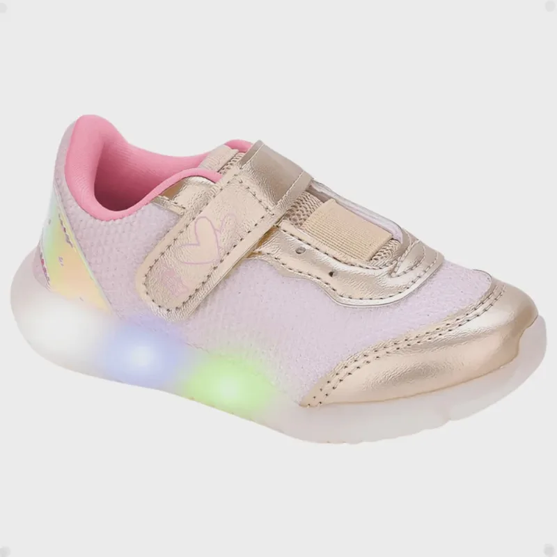 Tênis Infantil Kidy Flex Light Com Led Ouro E Rosa Escolar Escola Colegial Colégio Original Menina Feminino Conforto Durabilidade Anatomico Voltas às Aulas Macio Calce Fácil Resistente