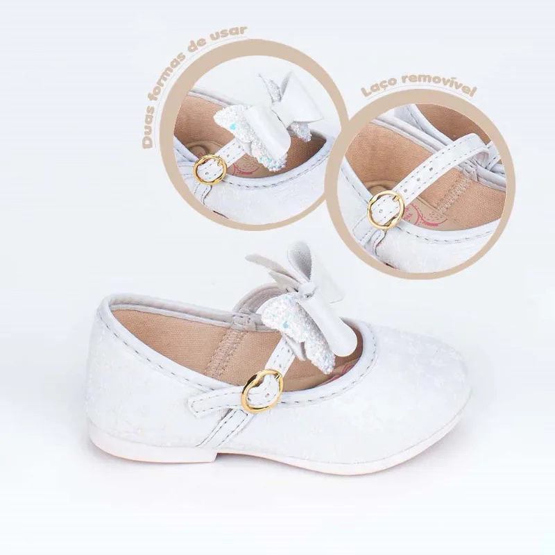 Sapatilha Bailarina Bebê Kidy Laço Glitter Removível Branca - KIDY