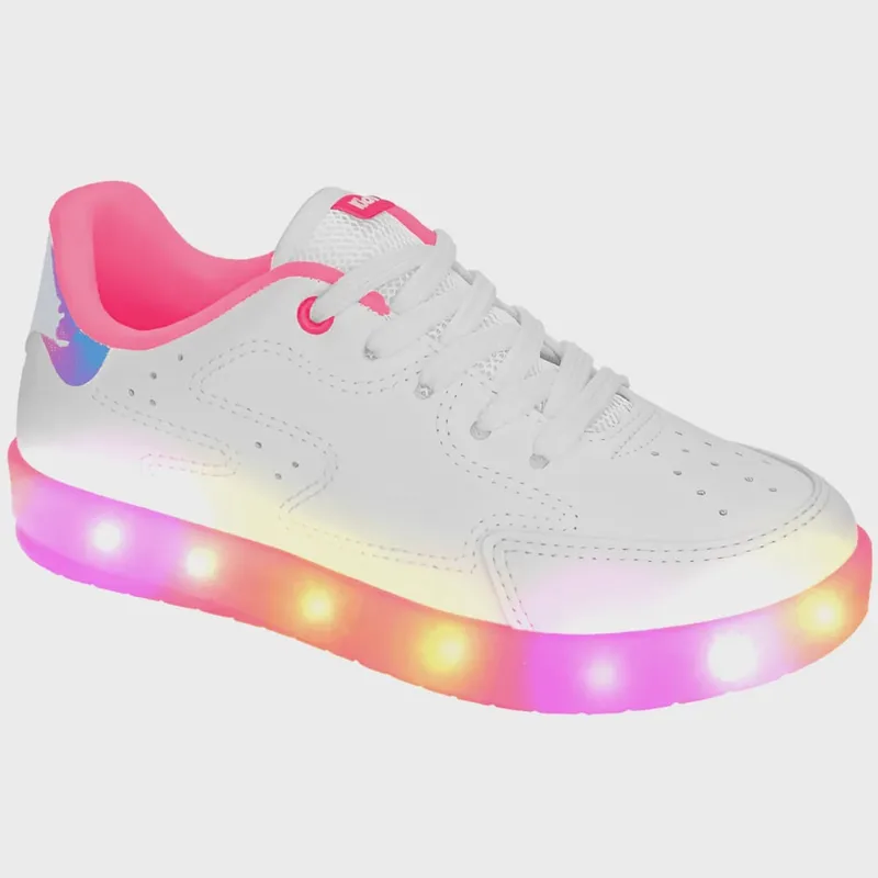 Tênis Infantil Kidy Hype Com Led Branco E Pink Escolar Escola Colegial Colégio Original Menina Feminino Conforto Durabilidade Anatomico Voltas às Aulas Macio Calce Fácil Resistente