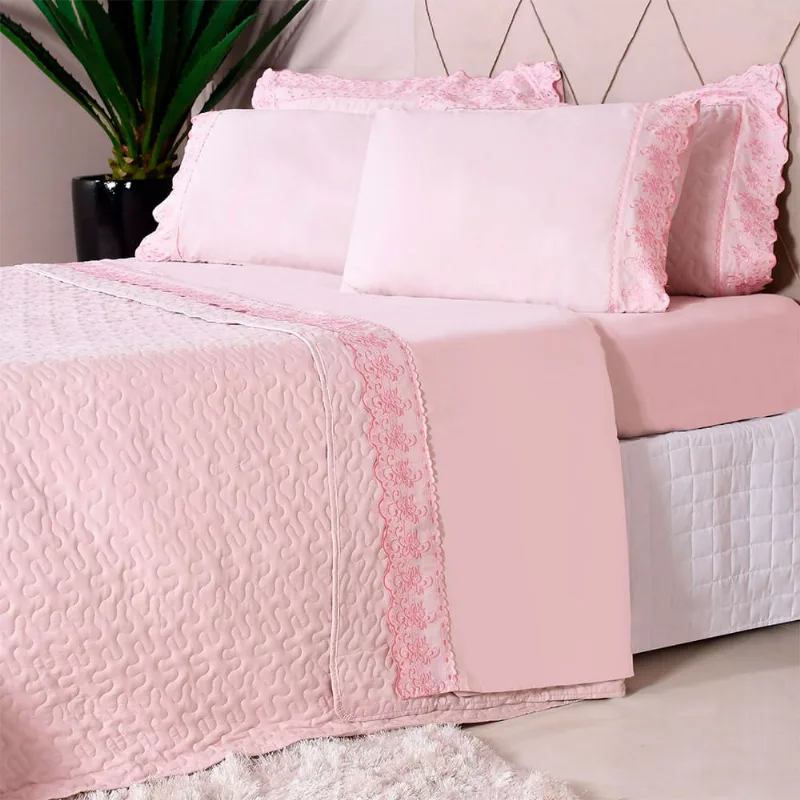 Kit Enxoval Bordado Inglês Rosa Claro 7 Peças Casal - Bene Casa