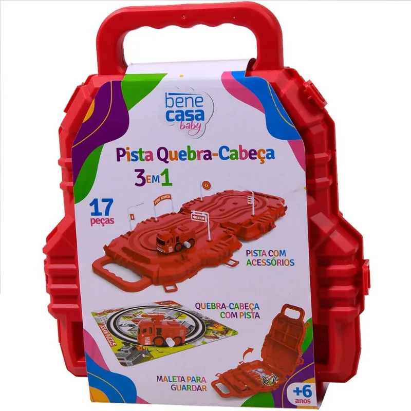 Brinquedo Pista Quebra-cabeça 3 em 1 com carrinho a corda vermelho