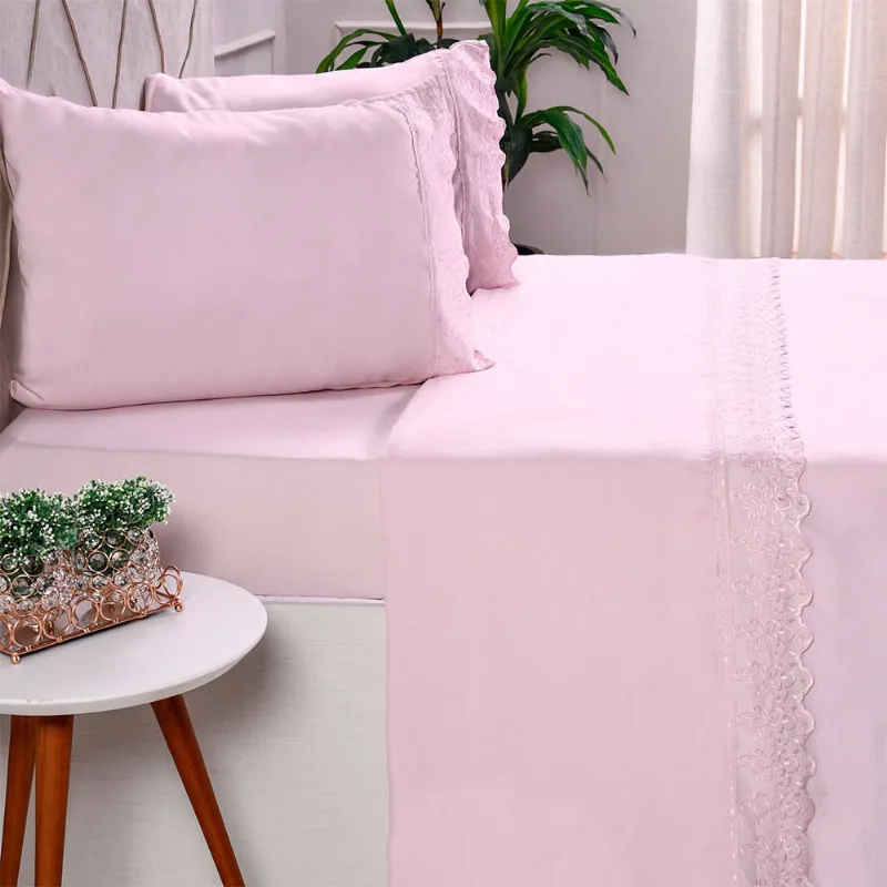Jogo De Cama Queen Rosa Quartz Broderie Microfibra Em Poliéster - Bene Casa