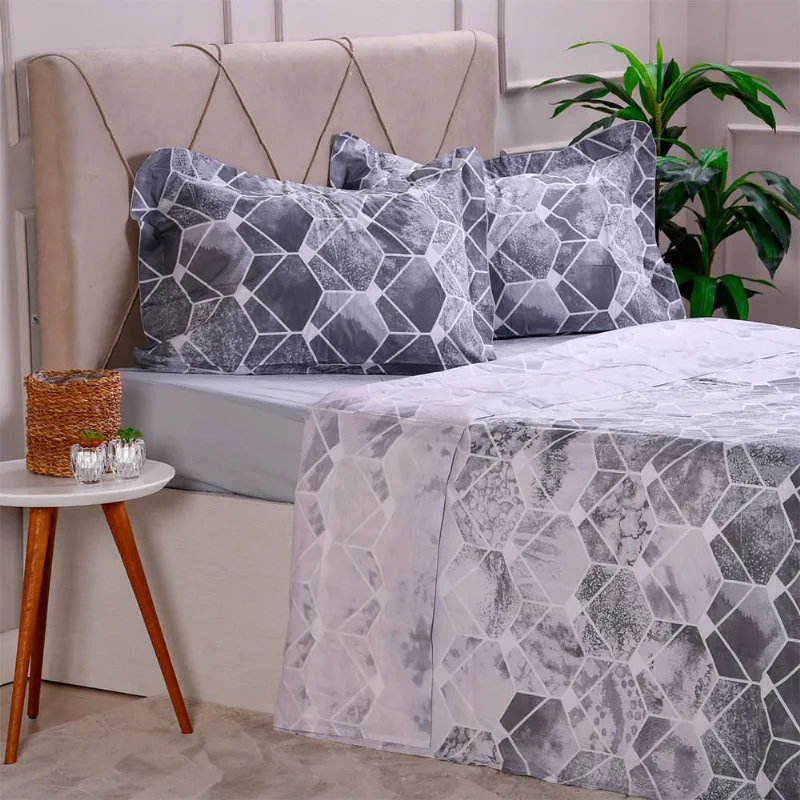 Jogo De Cama 200 Fios Estampado Queen Fred Tessi Cinza E Branco