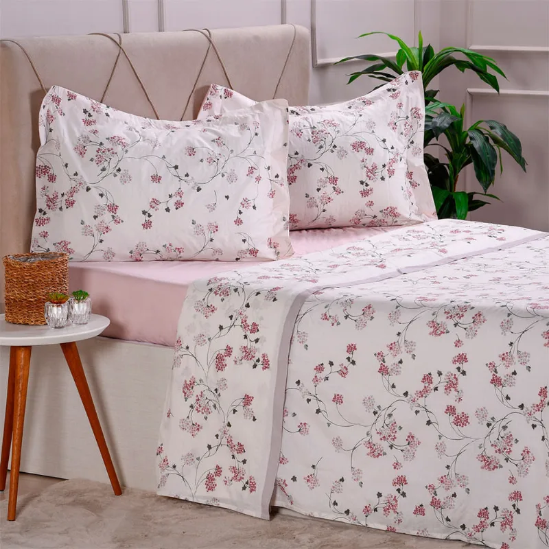 Jogo De Cama 200 Fios Estampado Queen Kaitlyn - Tessi Branco Com Rosa